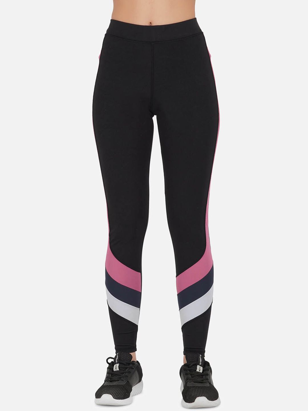 IMPERATIVE Women Black & Purple Colour-Blocked Elastane Slim-Fit Tights Price in India