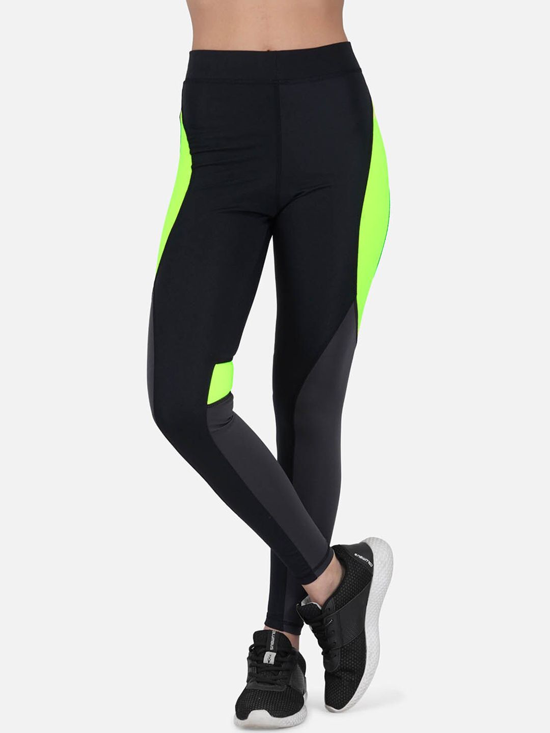 IMPERATIVE Women Black & Fluorescent Green Colourblocked Slim-Fit Yoga Tights Price in India