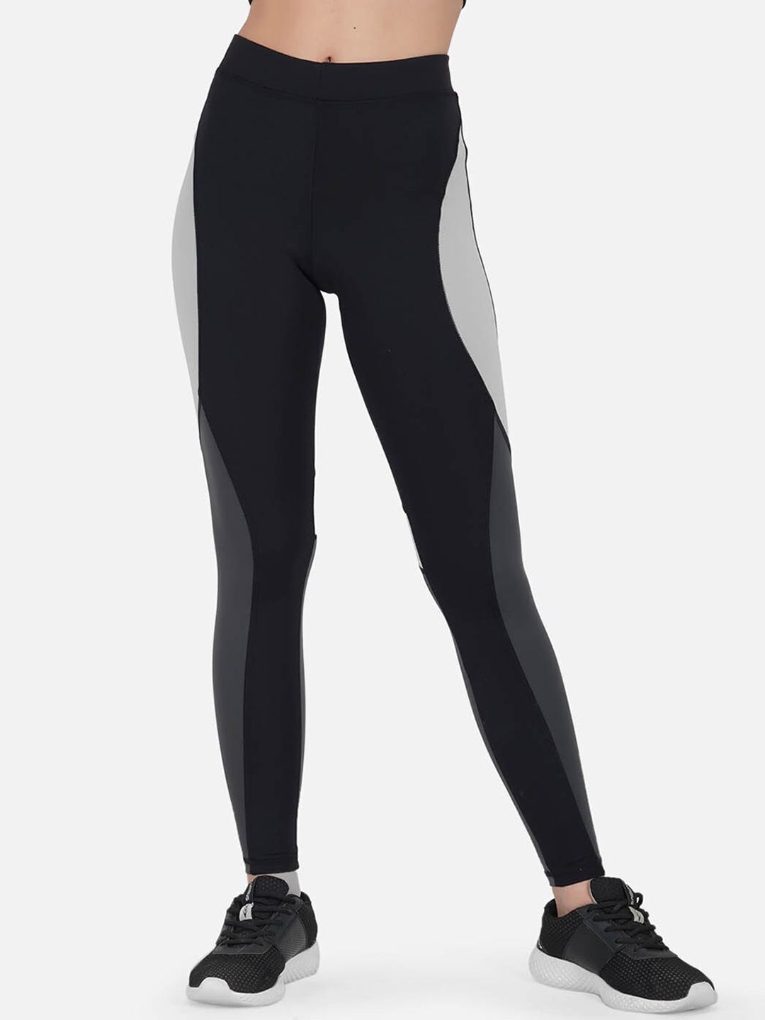 IMPERATIVE Women Black & Grey Colourblocked Slim Fit Tights Price in India