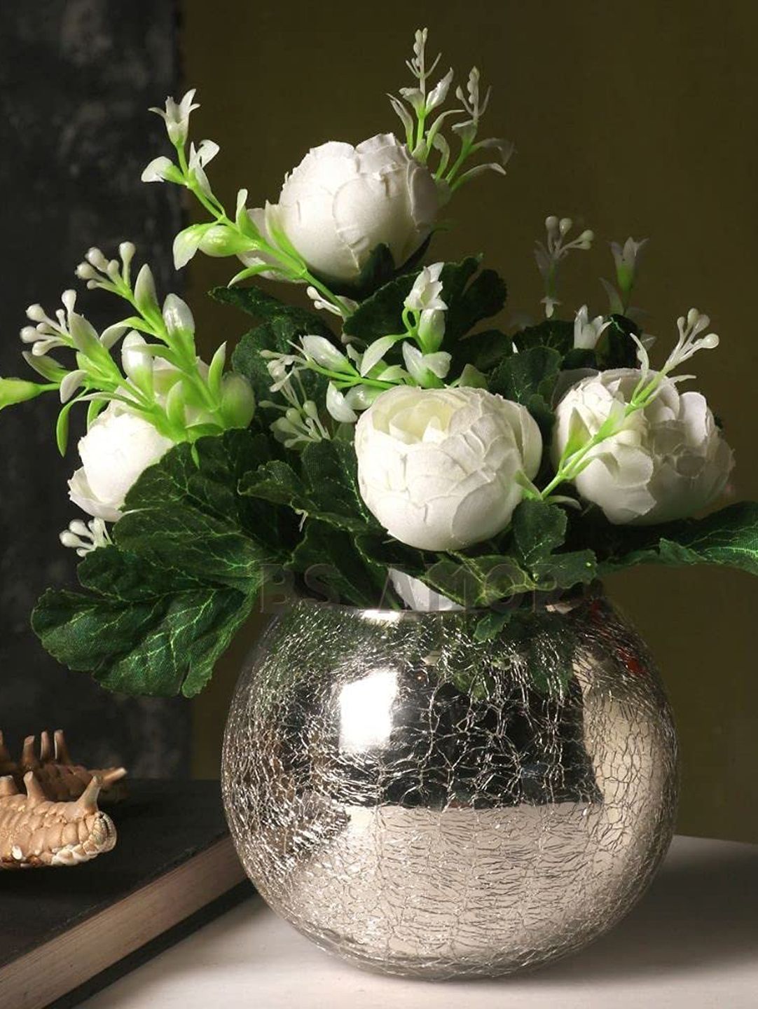 BS AMOR Silver-Toned Textured Flower Vase with Flowers Price in India