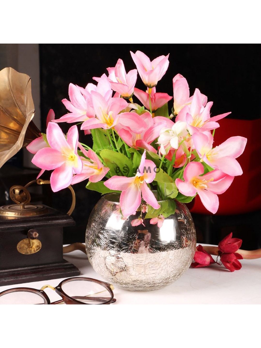 BS AMOR Pink & Silver Toned Textured Glass Artificial Flowers With Vase Price in India