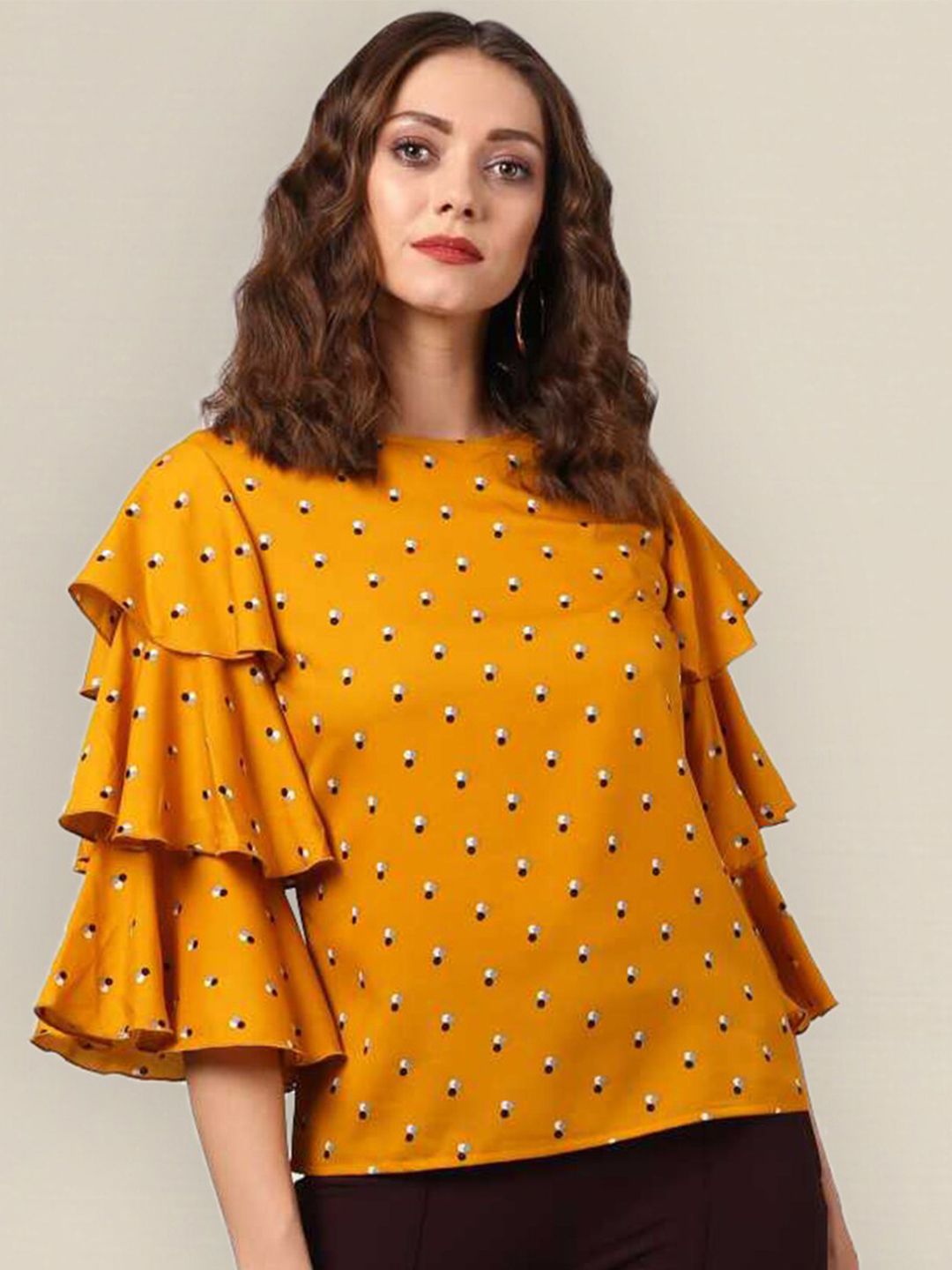 Sangria Women Mustard Yellow Geometric Print Ruffle Sleeve Top Price in India