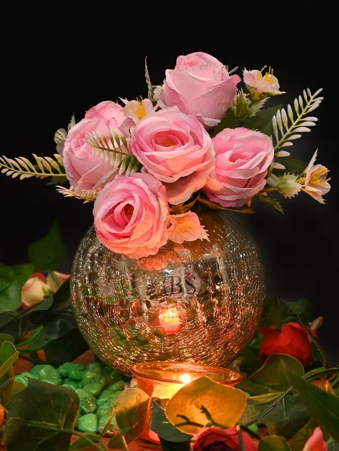 BS AMOR Pink Glass Flower Vase With Flowers Price in India