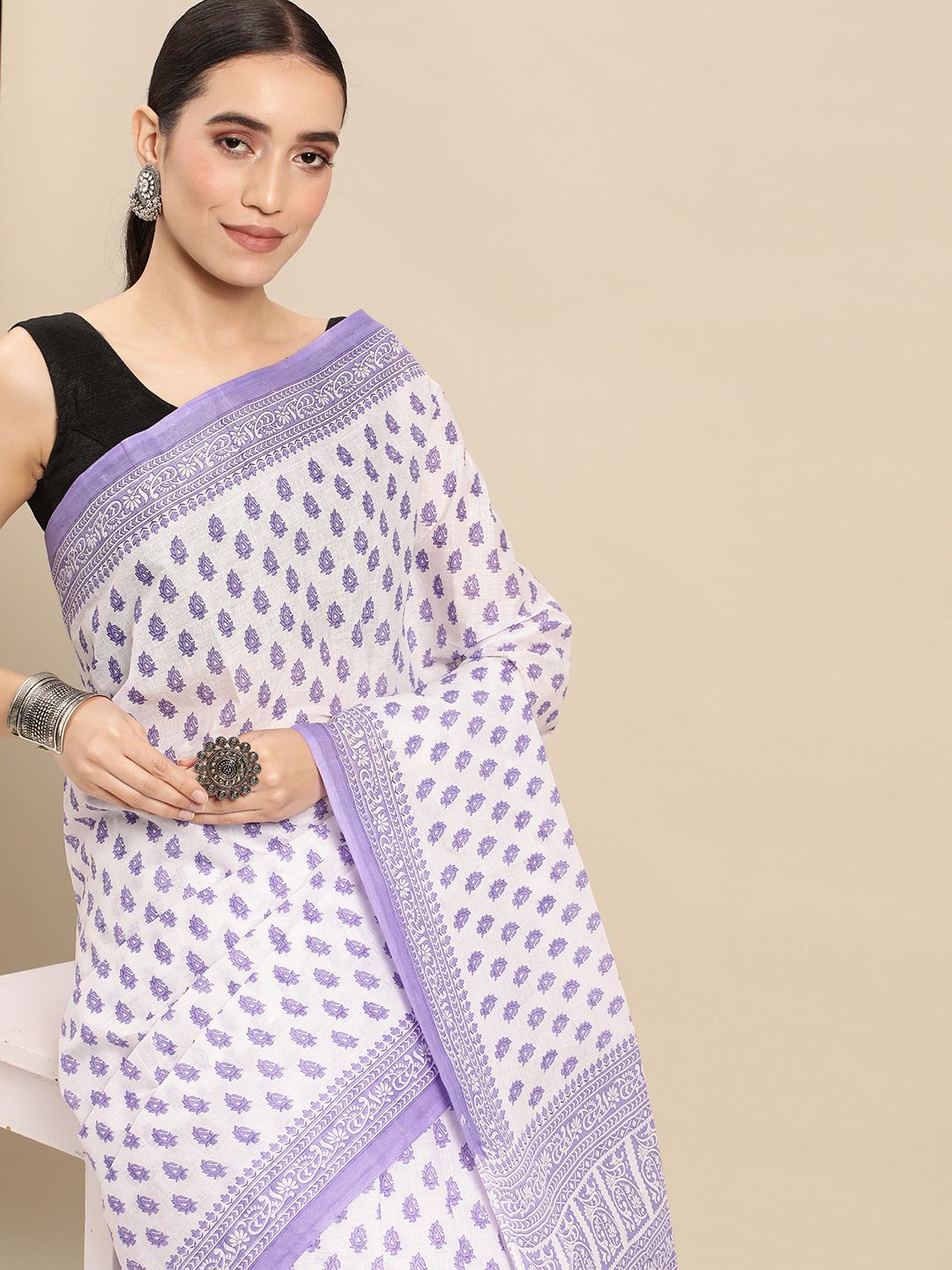 Rani Saahiba White & Purple Bagh Pure Cotton Saree Price in India