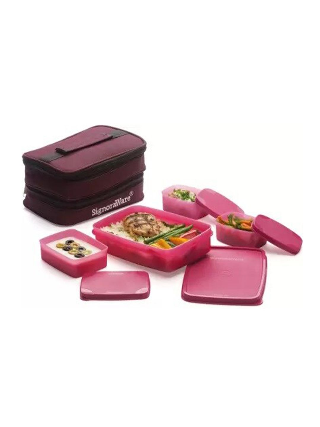 SignoraWare Set Of 4 Pink Solid Plastic Lunch Box With Bag Price in India