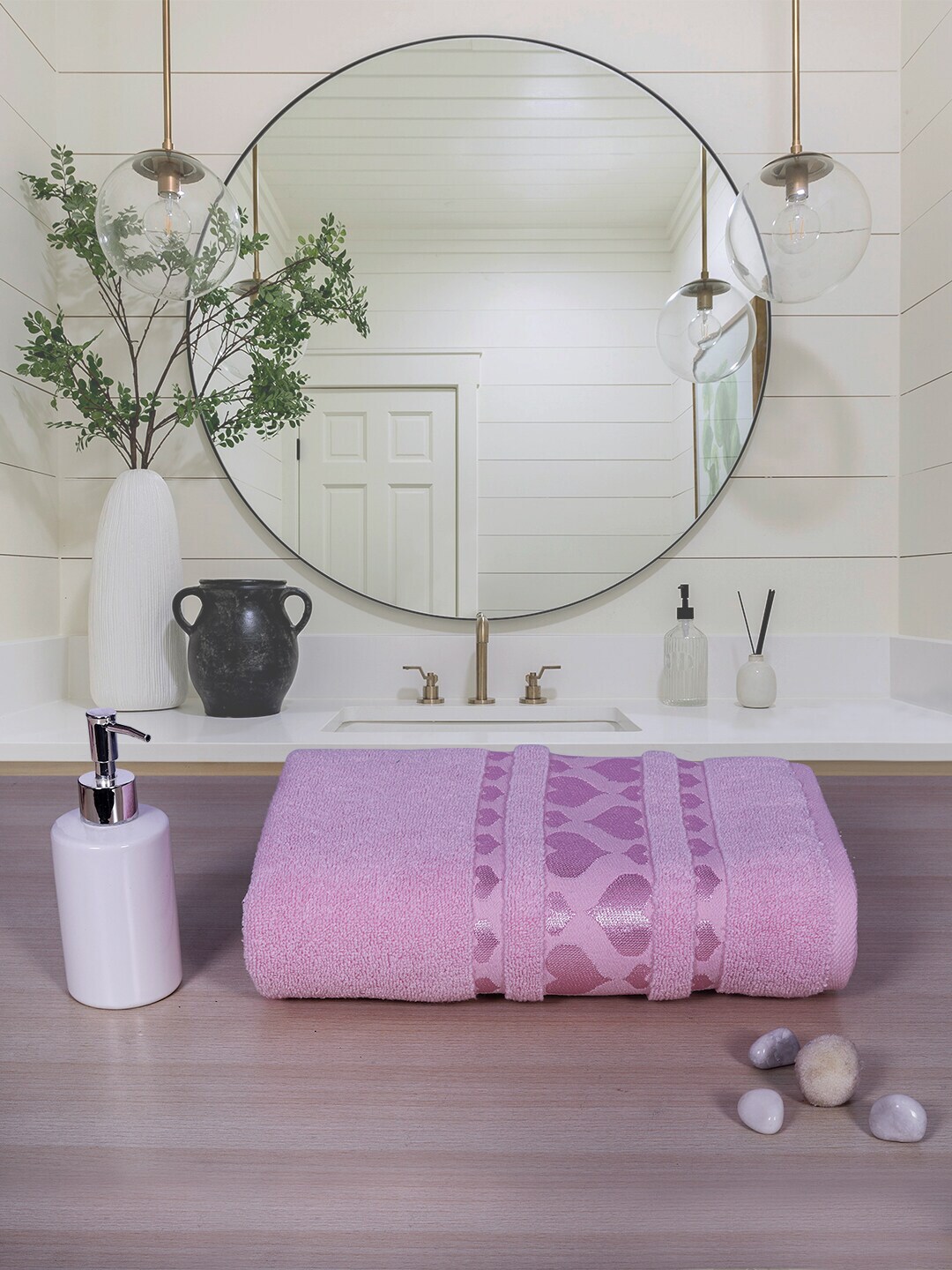 RANGOLI Pink Self Design Cotton 550 GSM Bath Towels Price in India