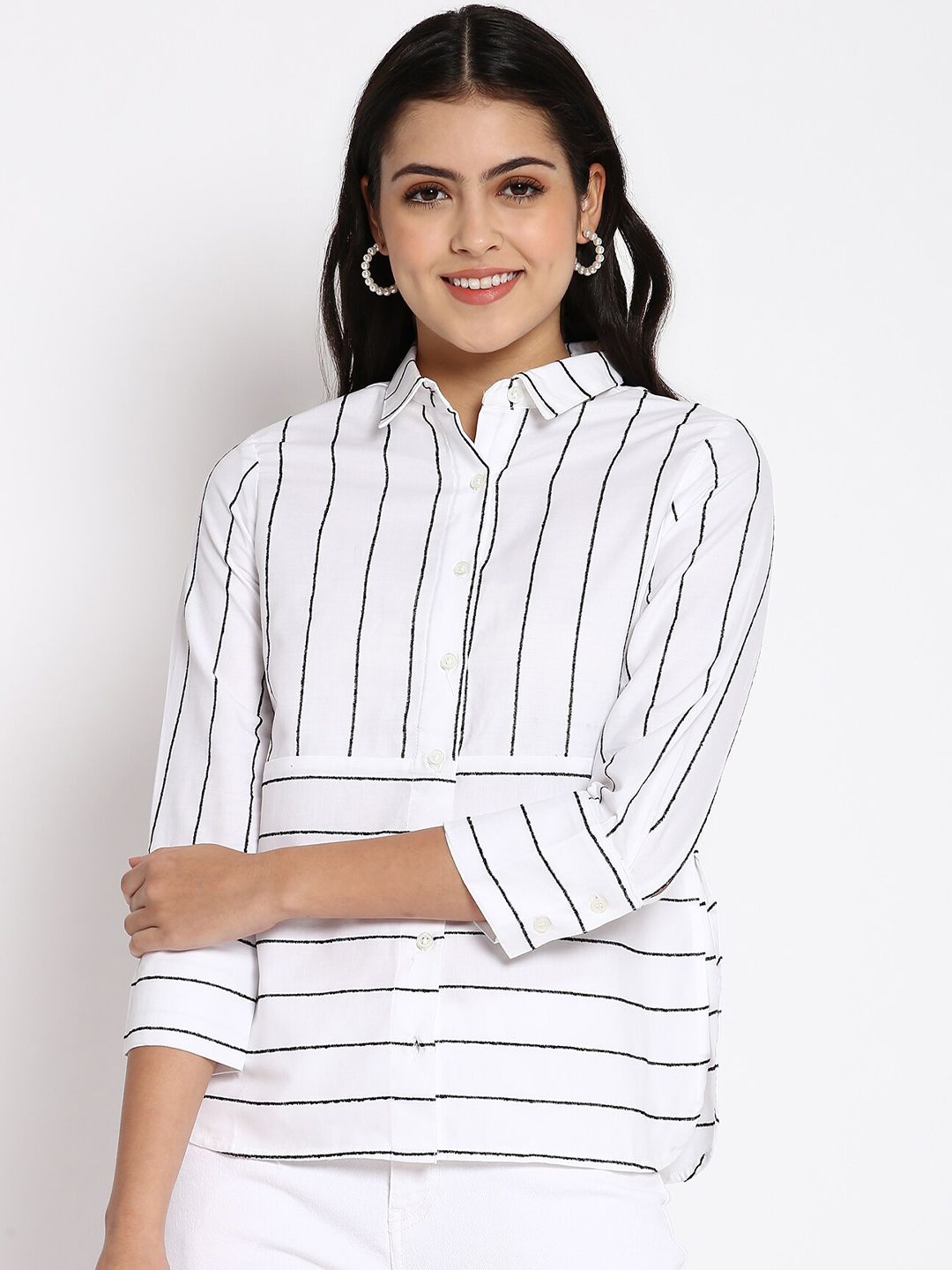 abof Women White Pure Cotton Striped Shirt Style Top Price in India