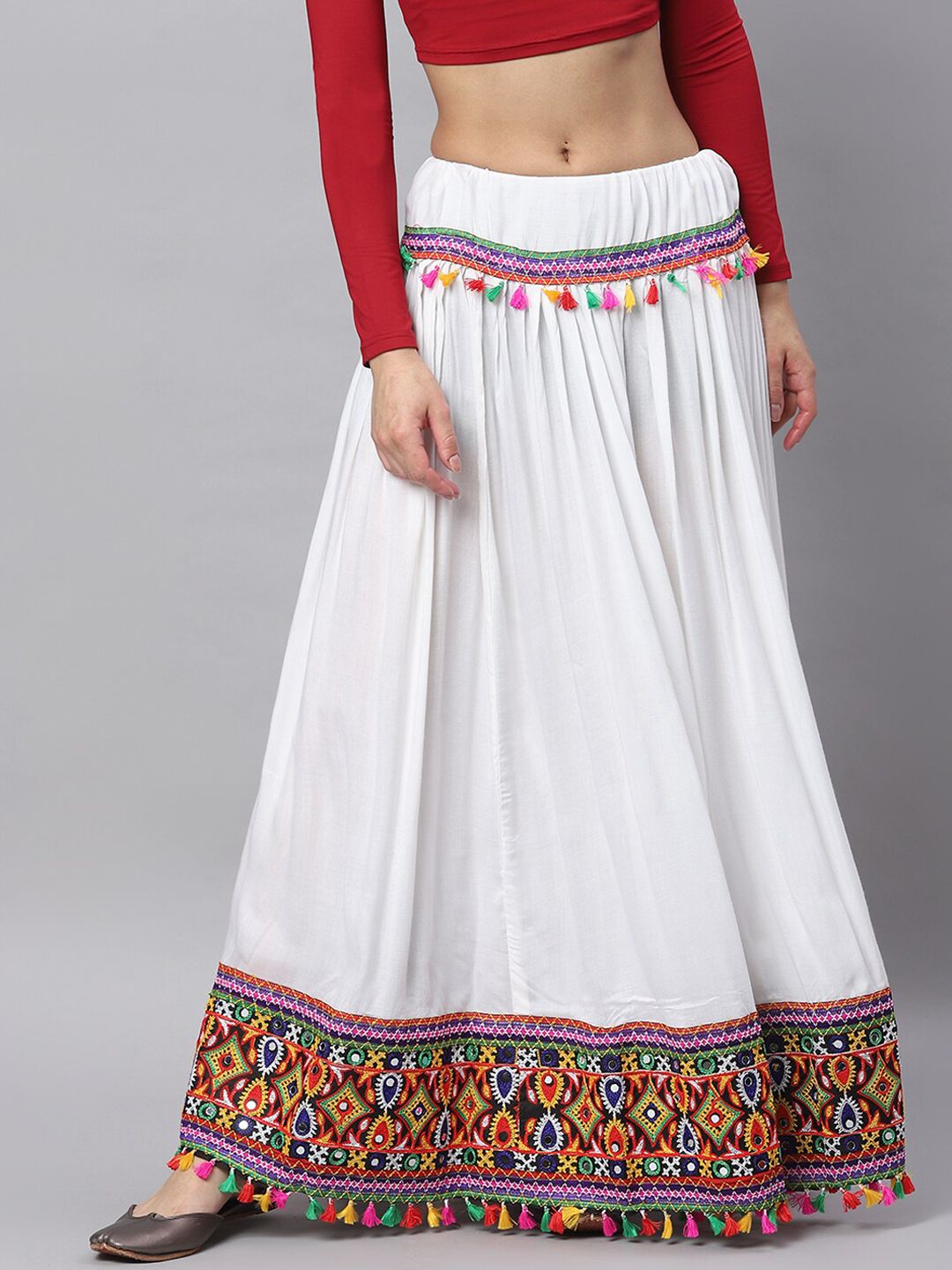 BANJARA INDIA Women White Kutchi Embroidered Viscose Rayon Flared Maxi Skirt Price in India