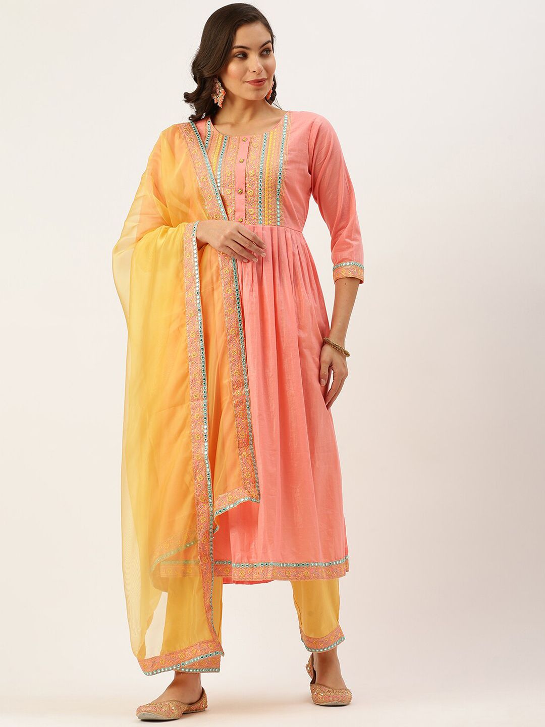 SHOWOFF Women Pink Thread Work Kurta with Trouser & Dupatta Price in India
