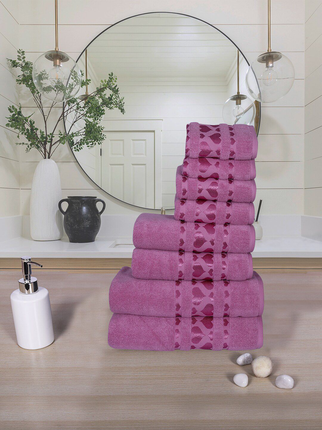 RANGOLI Set Of 8 Purple Solid GSM 550 Pure Cotton Towel Set Price in India