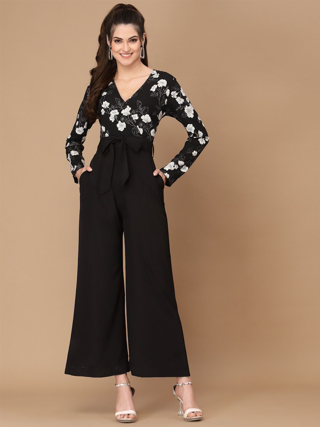 KASSUALLY Black & White Printed Basic Jumpsuit Price in India