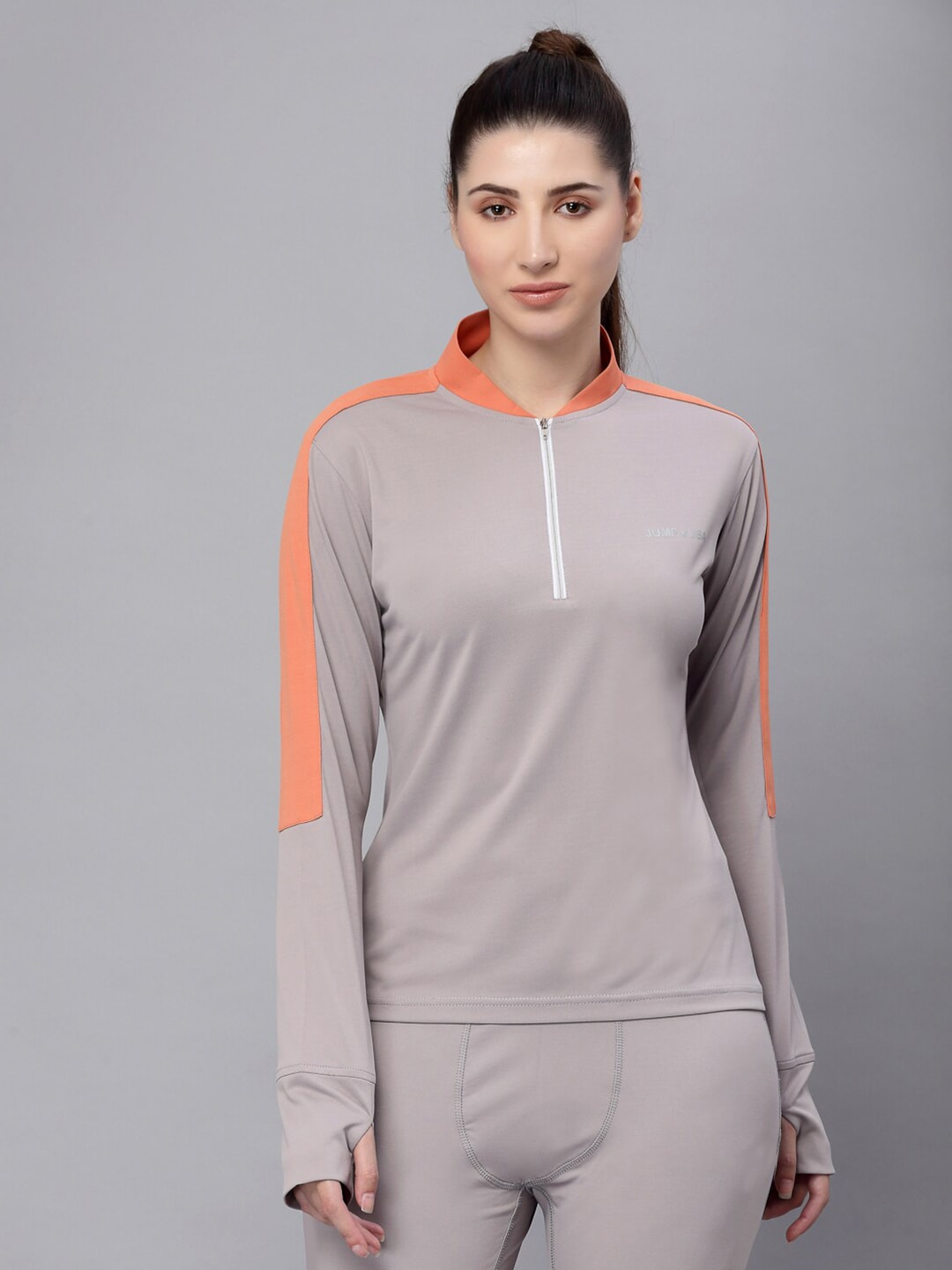 JUMP USA Women Grey & Orange High Neck T-shirt Price in India