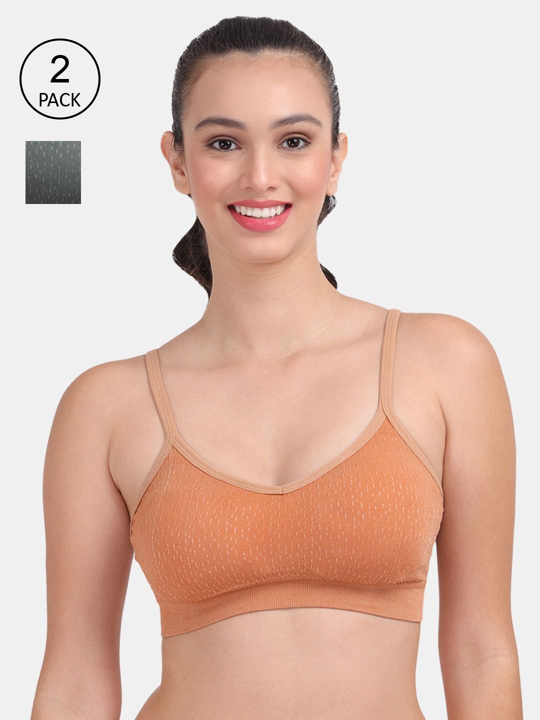 Amour Secret Women Pack of 2 Green & Rust Lightly Padded Sports Bra Price in India