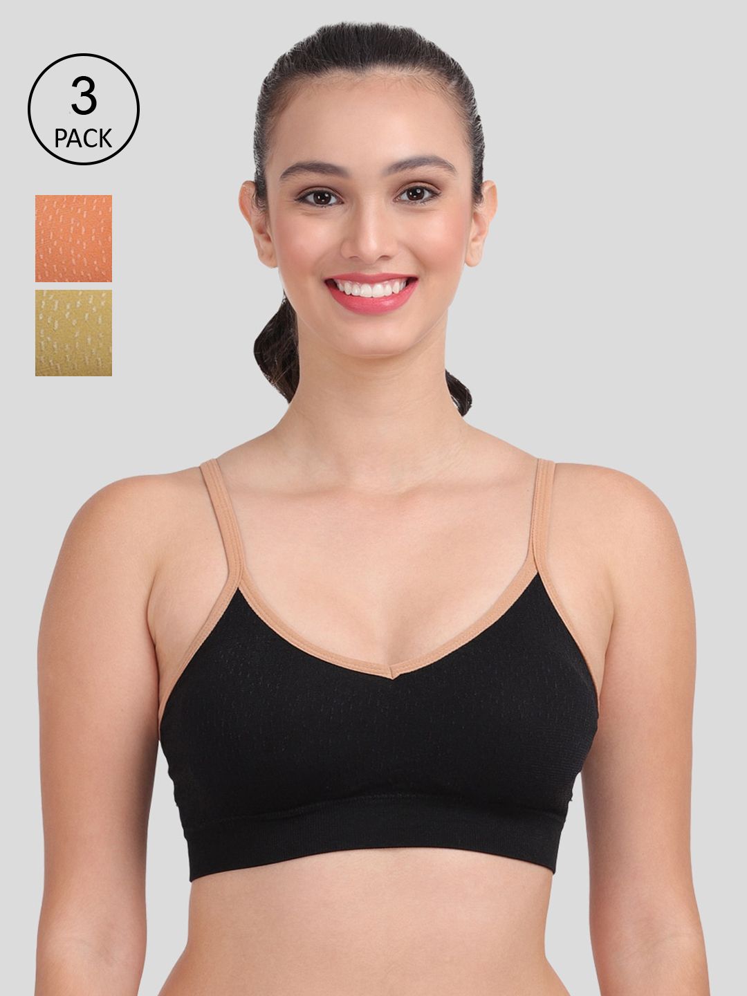 Amour Secret Women Pack Of 3 Black & Olive Green Lightly Padded Sports Bra Price in India