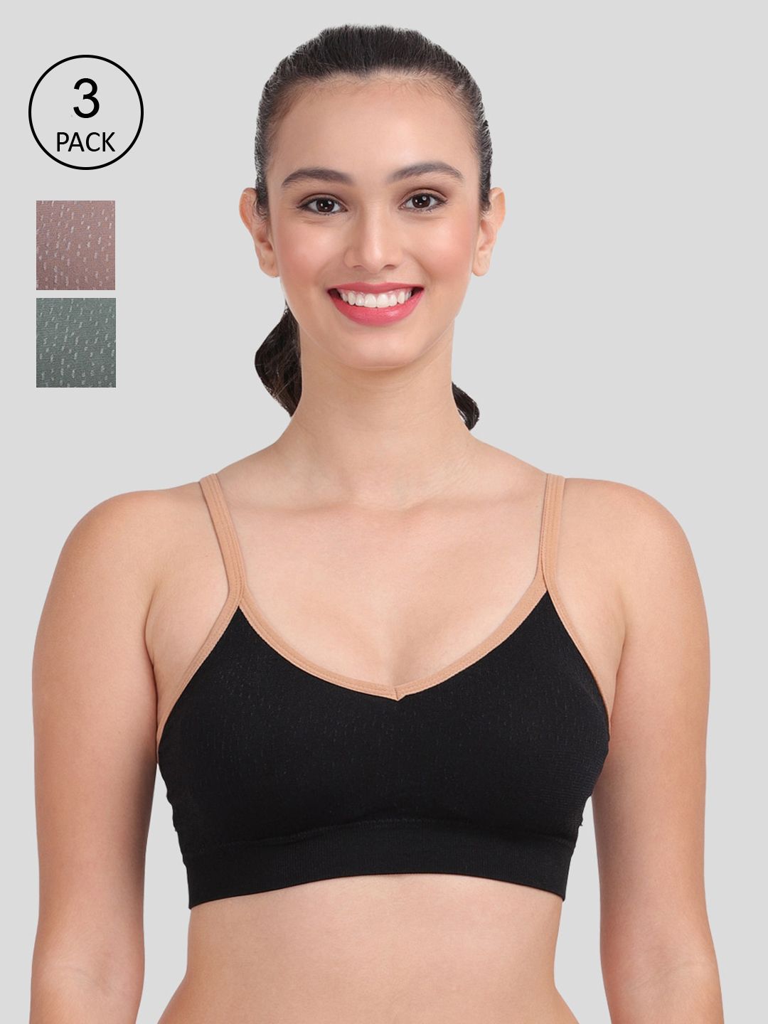 Amour Secret Pack of 3 Black & Brown Lightly Padded Sports Bra Price in India