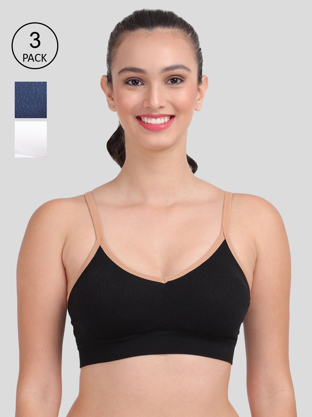 Amour Secret Pack of 3 Black & Blue Lightly Padded Sports Bra S1015_Blk_Blu_Wht Price in India