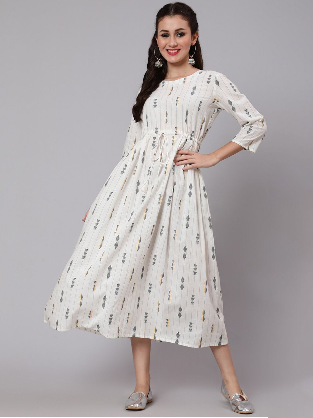 Nayo White Geometric Ethnic Printed A-Line Midi Dress Price in India
