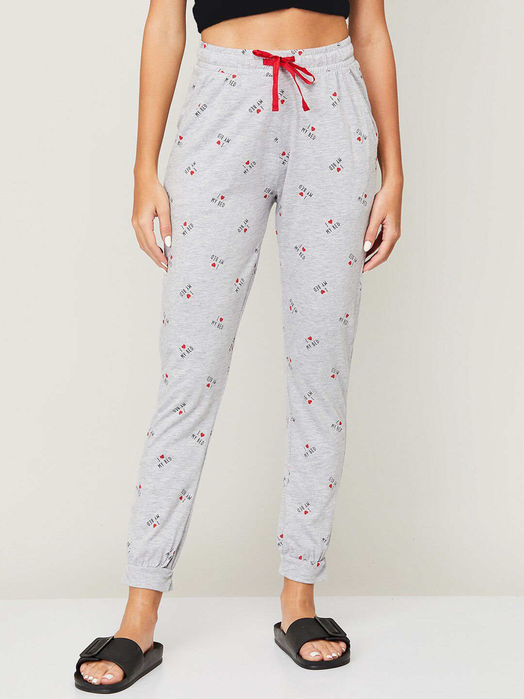 Ginger by Lifestyle Women Grey Melange & Red Printed Cotton Lounge Pant Price in India