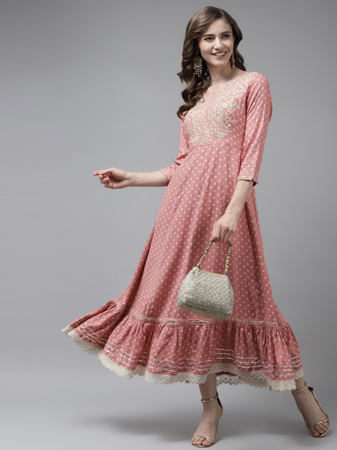 Yufta Pink Ethnic Motifs Printed Embroidered Detail Maxi Fit & Flare Dress Price in India