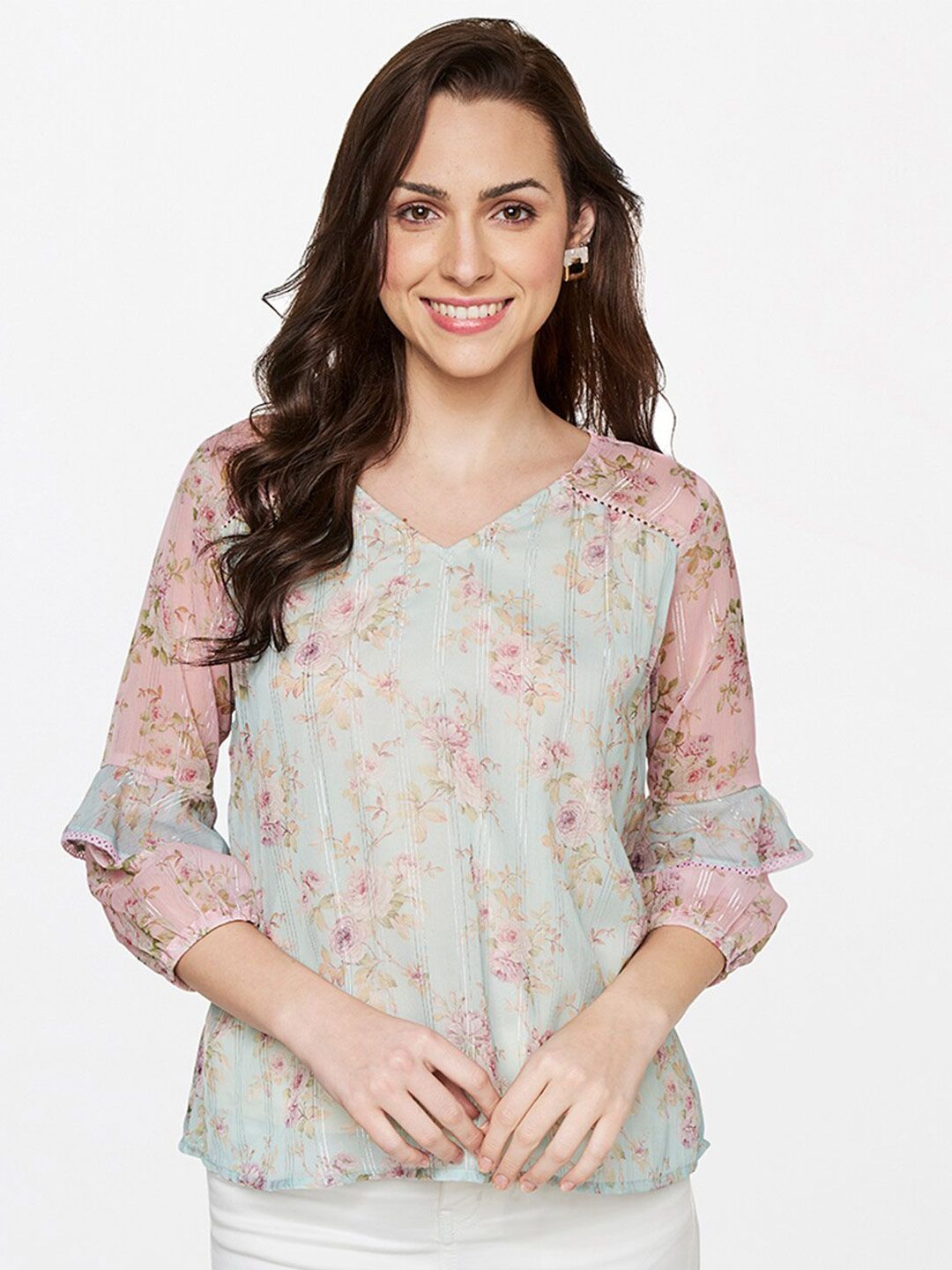 AND Green Floral Printed V-neck Top Price in India