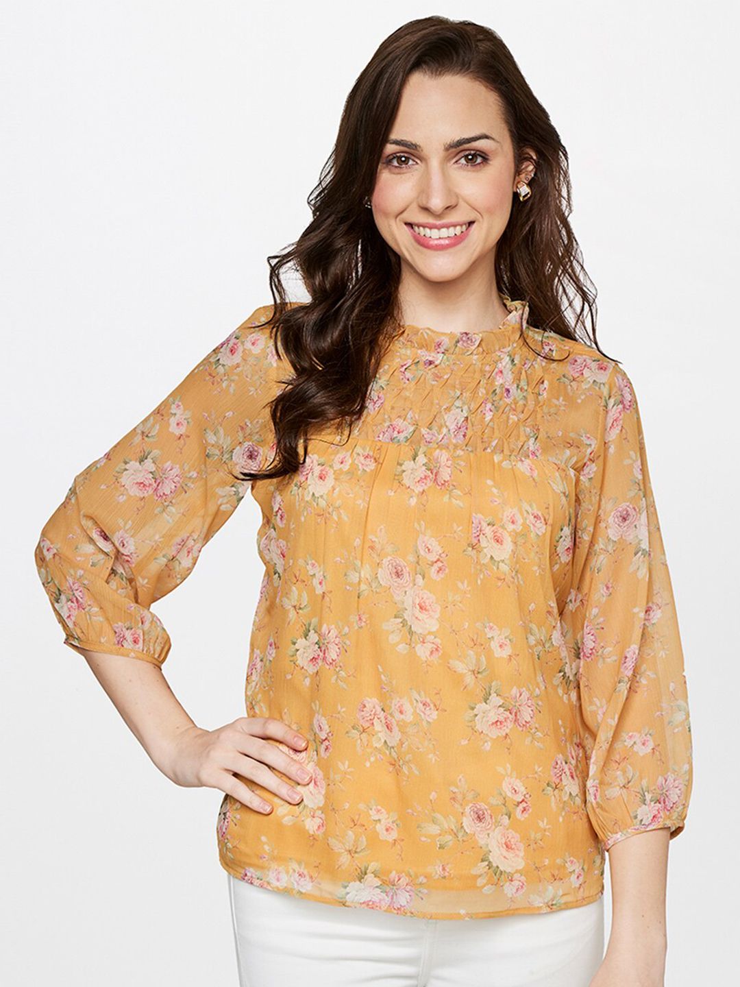 AND Women Yellow Floral Print Mandarin Collar Regular Top Price in India