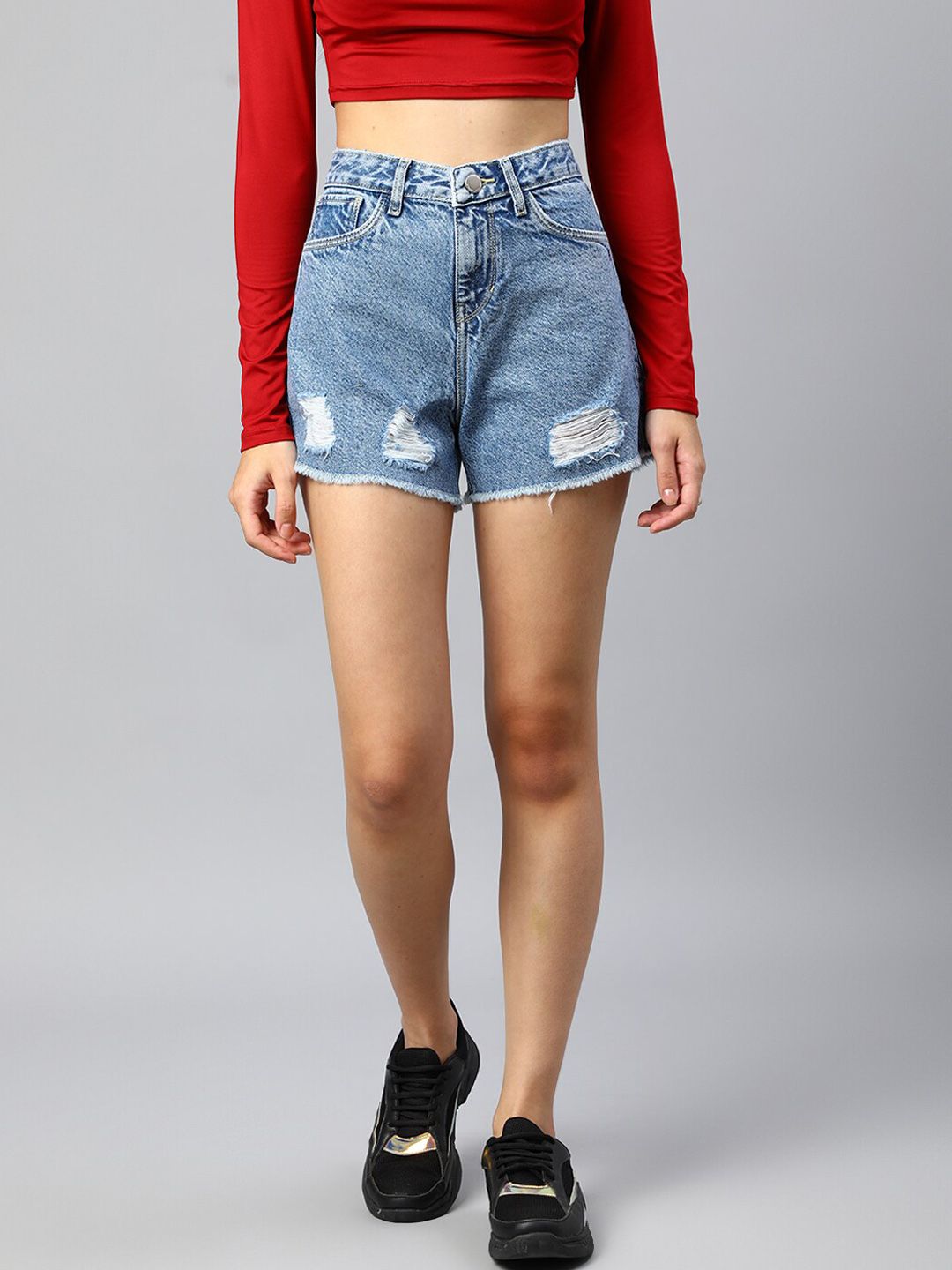 Xpose Women Blue Washed High-Rise Denim Shorts Price in India