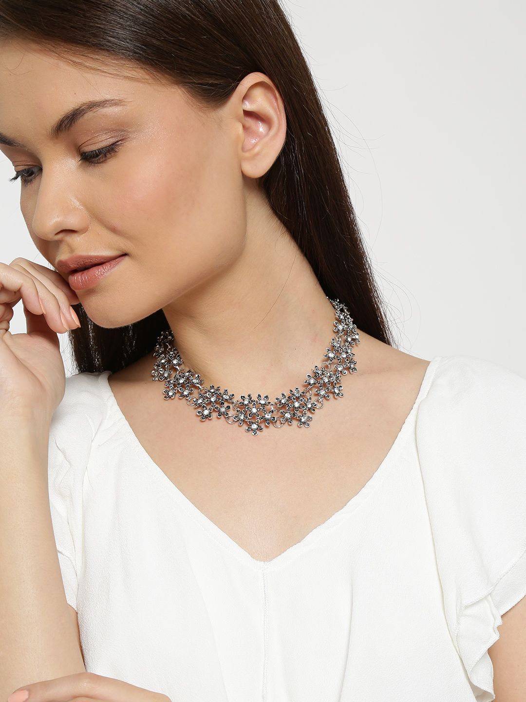 Shining Diva Fashion Oxidised Silver-Toned Stone-Studded Collar Necklace Price in India