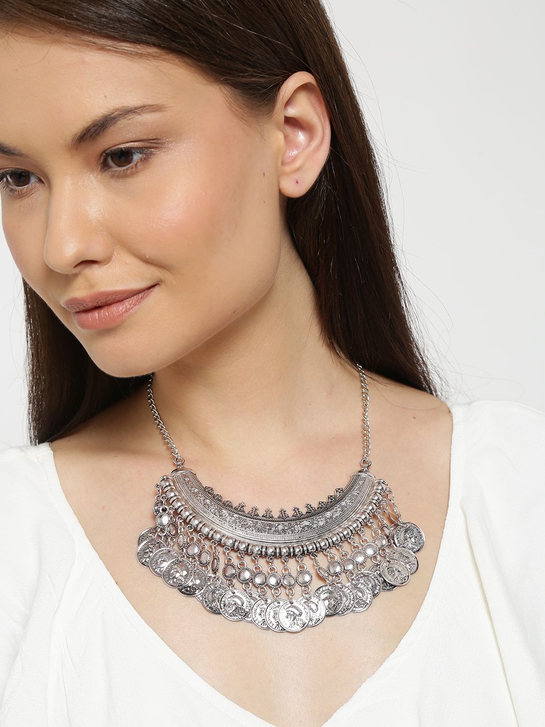 Shining Diva Fashion Oxidised Silver-Toned Textured Necklace Price in India
