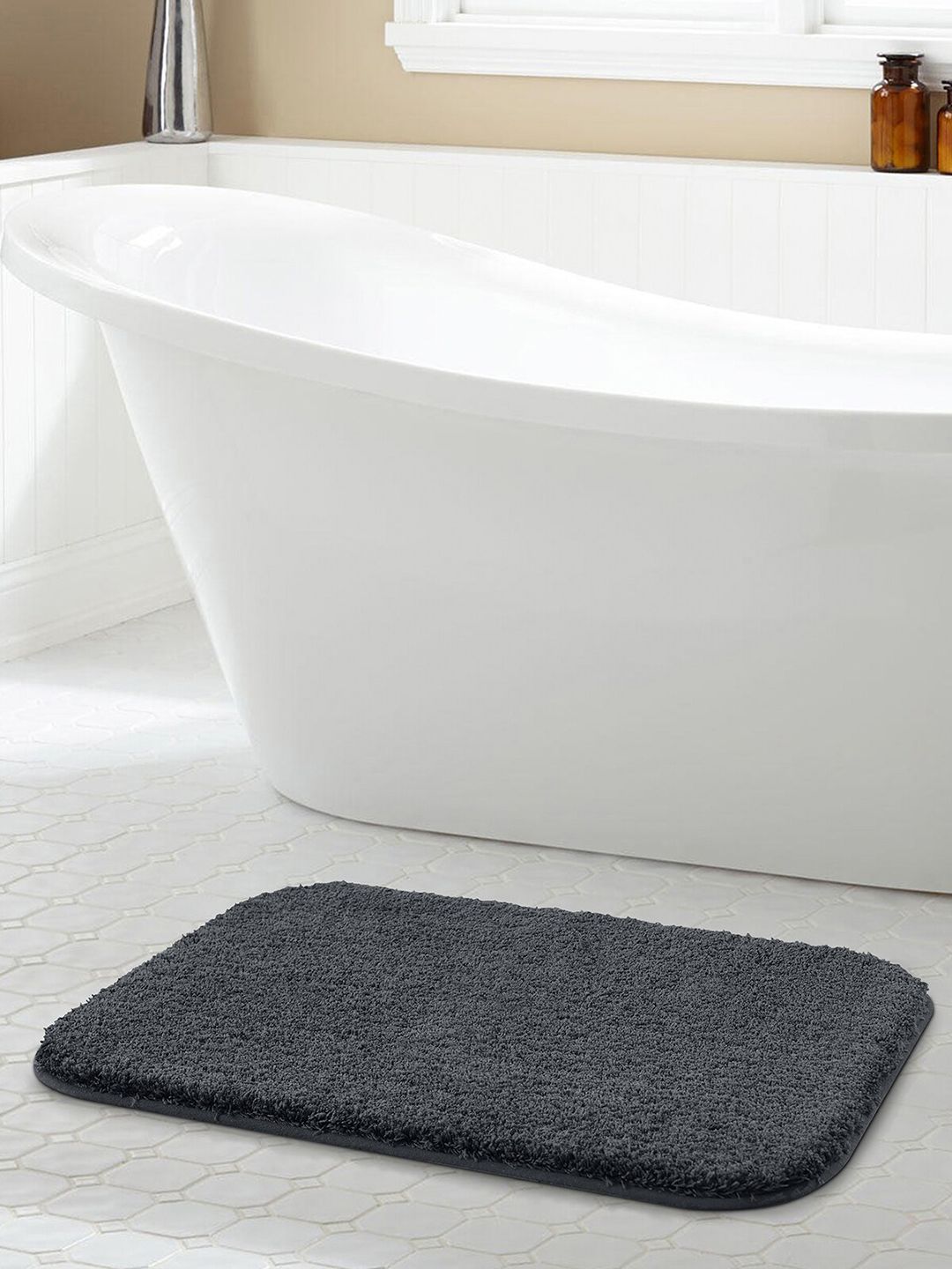 OBSESSIONS Charcoal Grey Solid 2200 GSM Anti-Skid Bath Rug Price in India