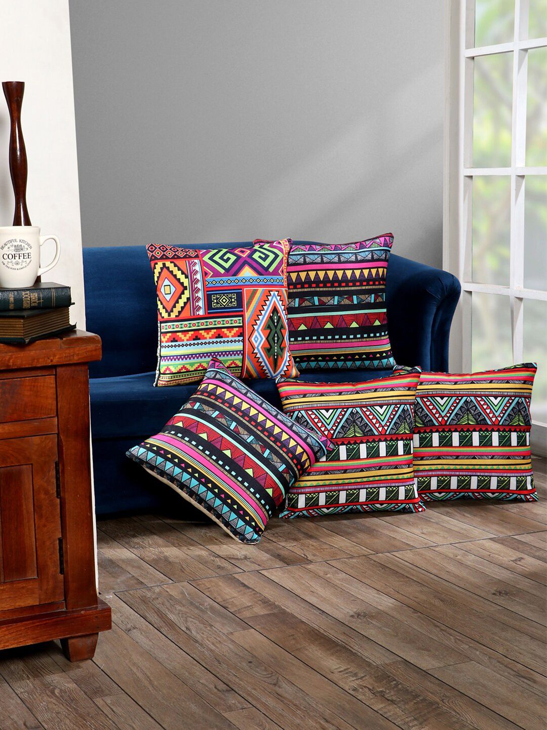 SOKNACK Set of 5 Abstract Printed Square Cushion Covers Price in India