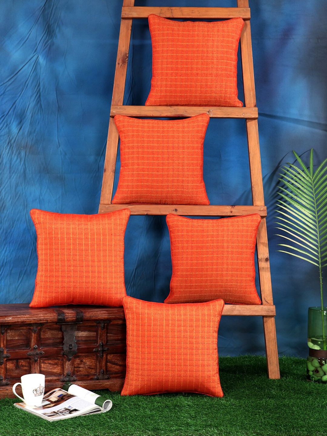 SOKNACK Orange Set of 5 Checked Square Cushion Covers Price in India