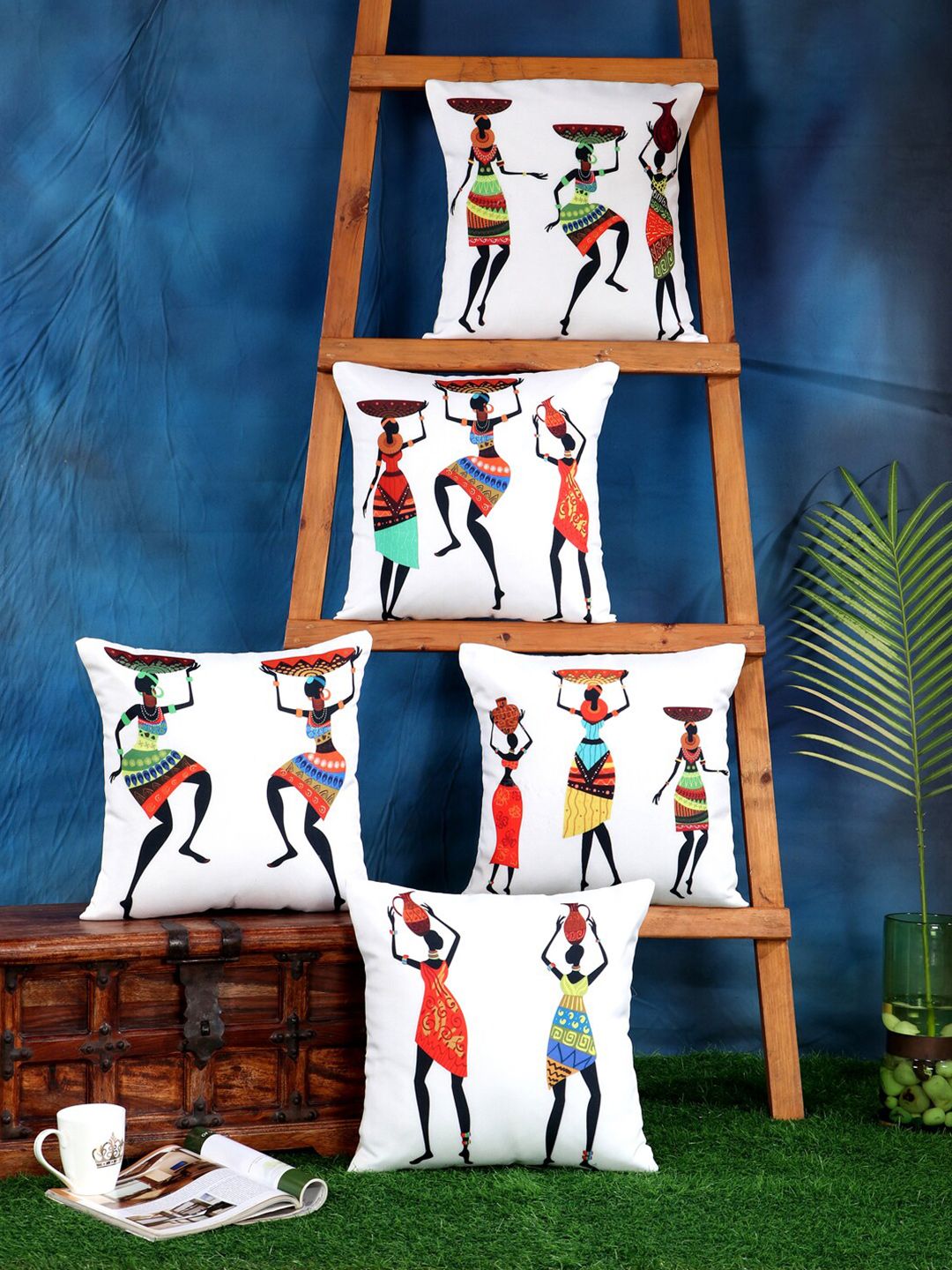 SOKNACK White Set of 5 Warli Art Square Cushion Covers Price in India