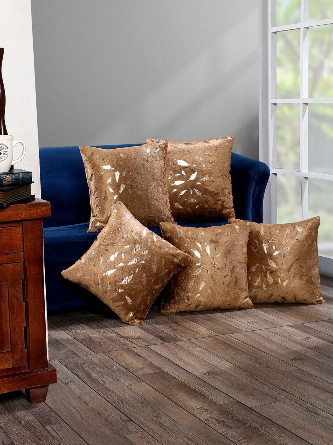 SOKNACK Set of 5 Brown & Gold-Toned Feather Pattern Square Cushion Covers Price in India