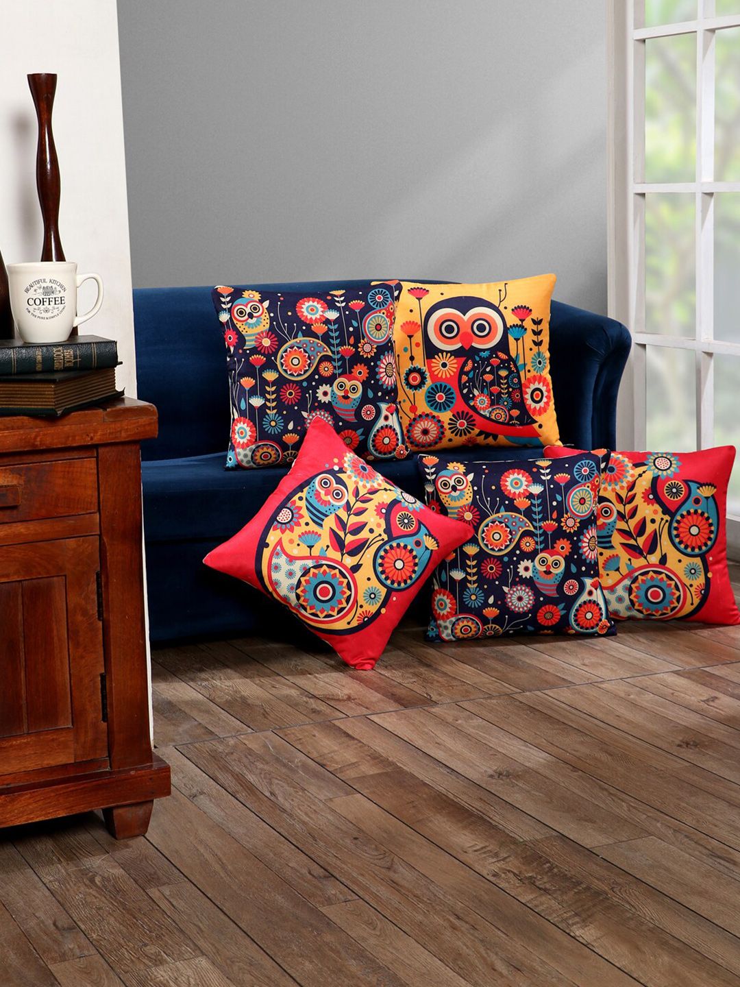 SOKNACK Navy Blue & Yellow Set of 5 Floral Square Cushion Covers Price in India