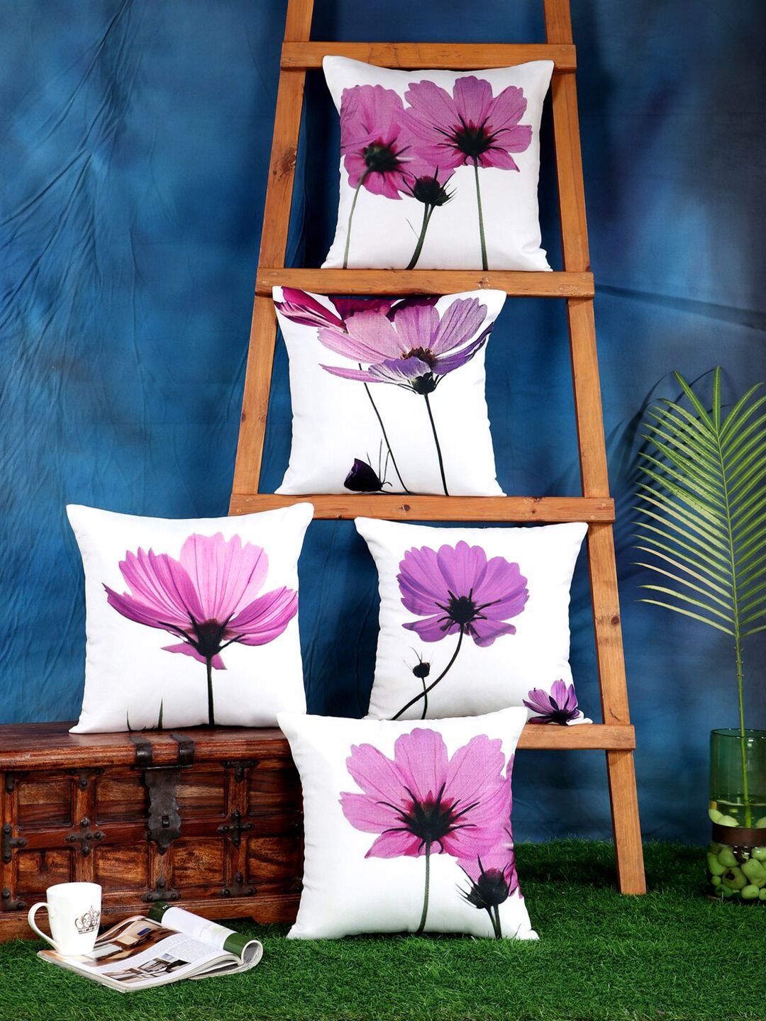 SOKNACK White & Pink Set of 5 Floral Square Cushion Covers Price in India
