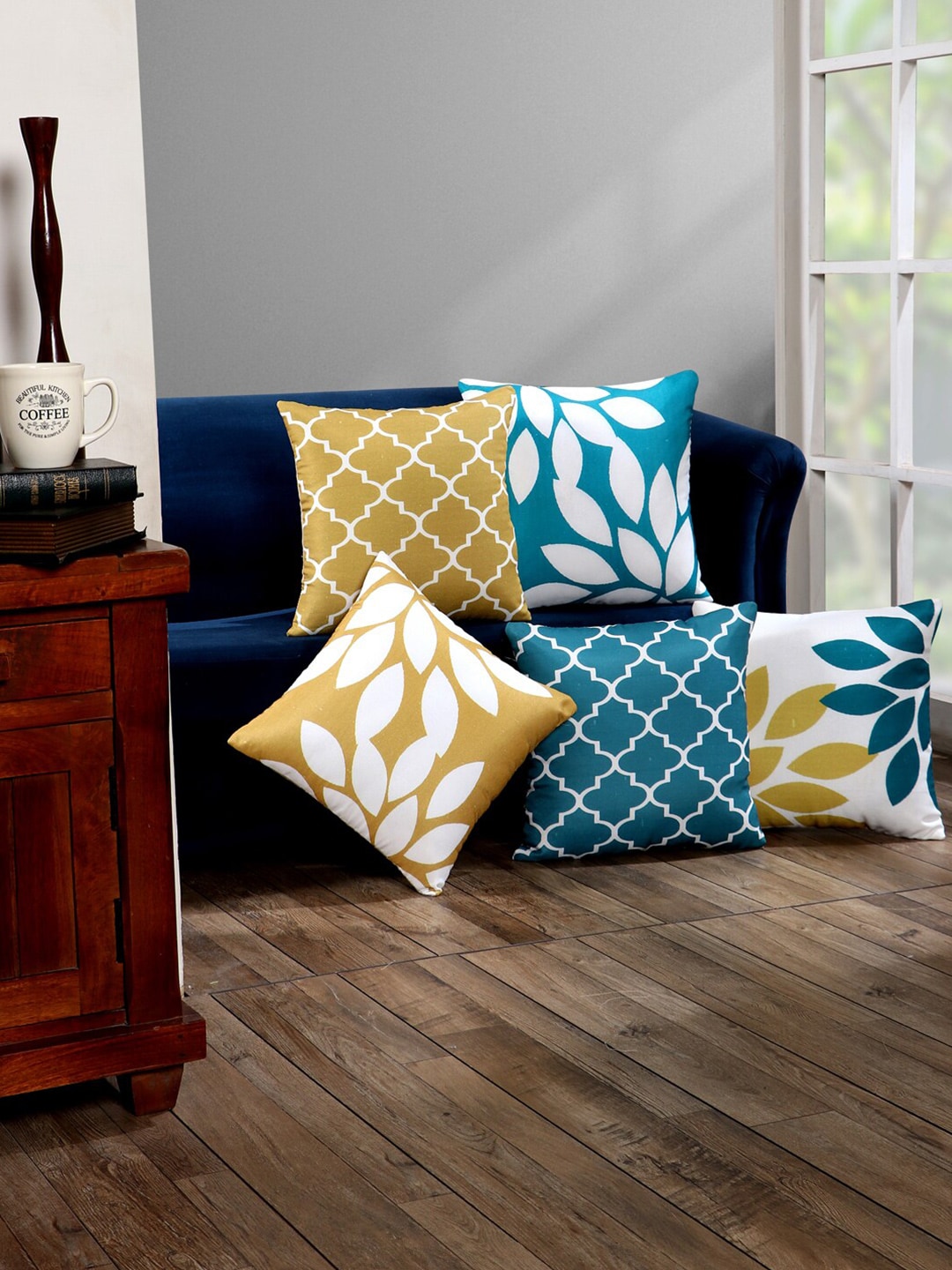 SOKNACK White & Blue Set of 5 Floral Square Cushion Covers Price in India