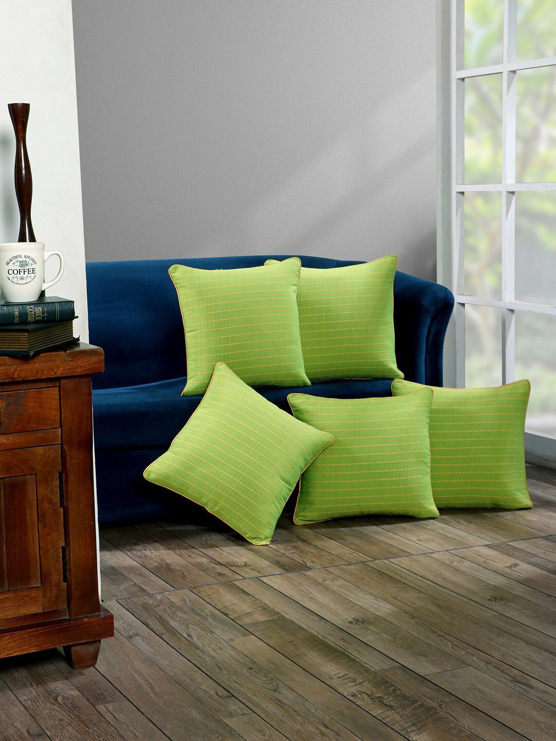 SOKNACK Adults Set of 5 Green Checked Square Cushion Covers Price in India