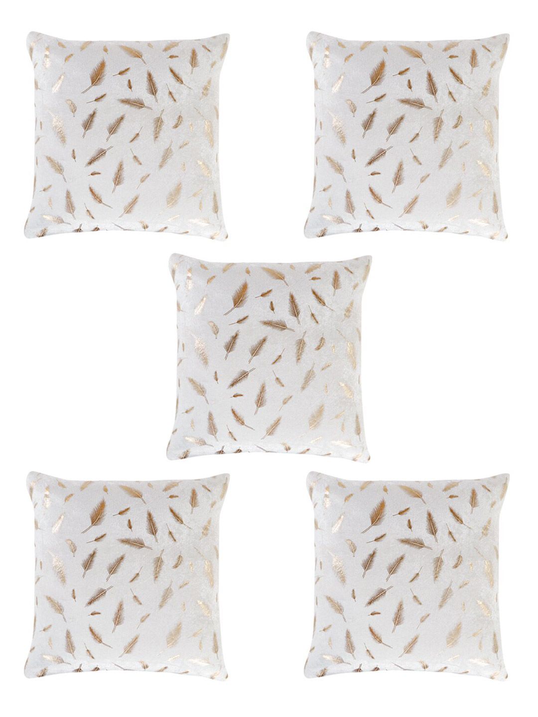 SOKNACK Adults Set of 5 White & Gold-Toned Feather Pattern Square Cushion Covers Price in India