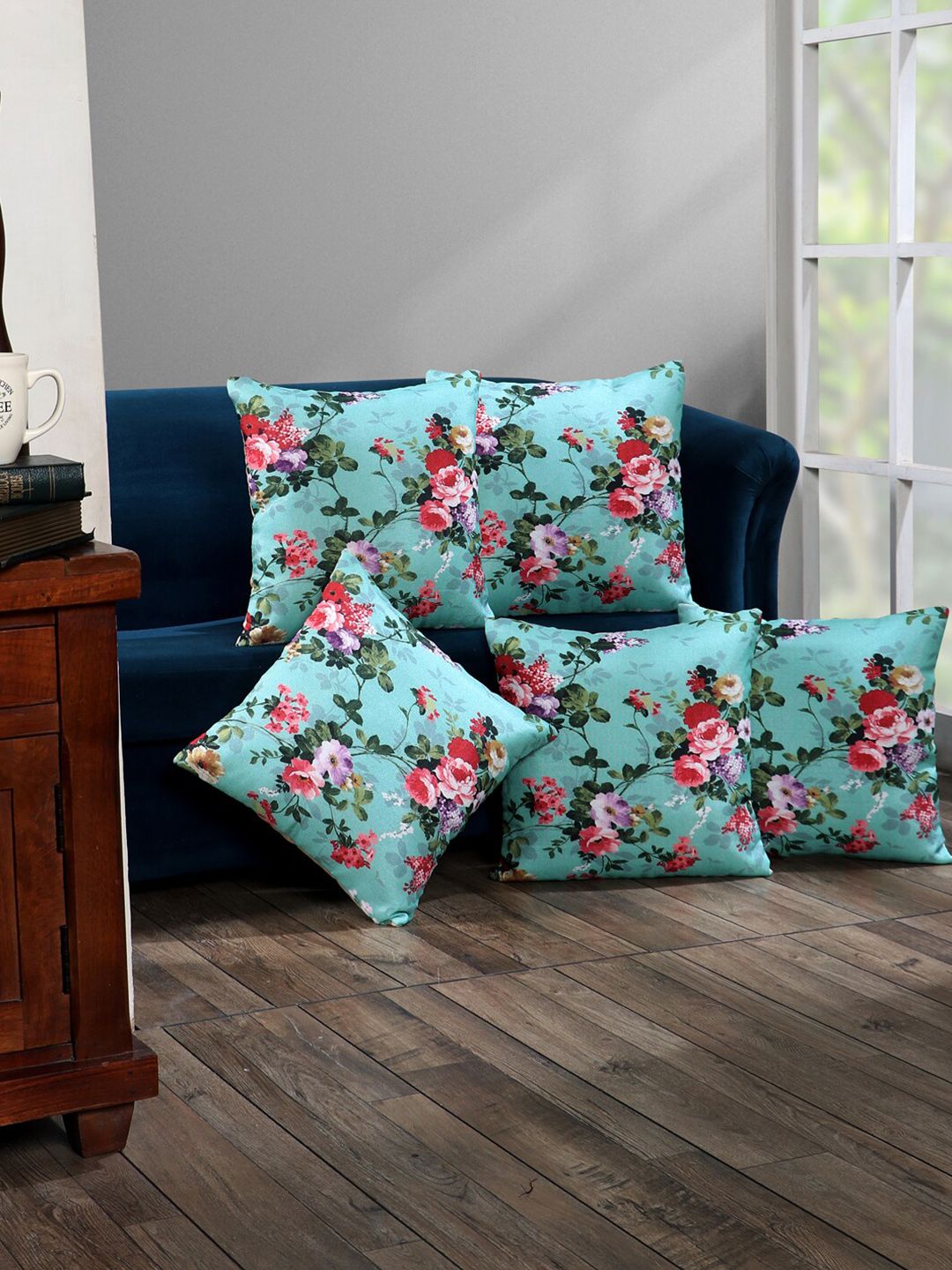 SOKNACK Blue & Green Set of 5 Floral Square Cushion Covers Price in India