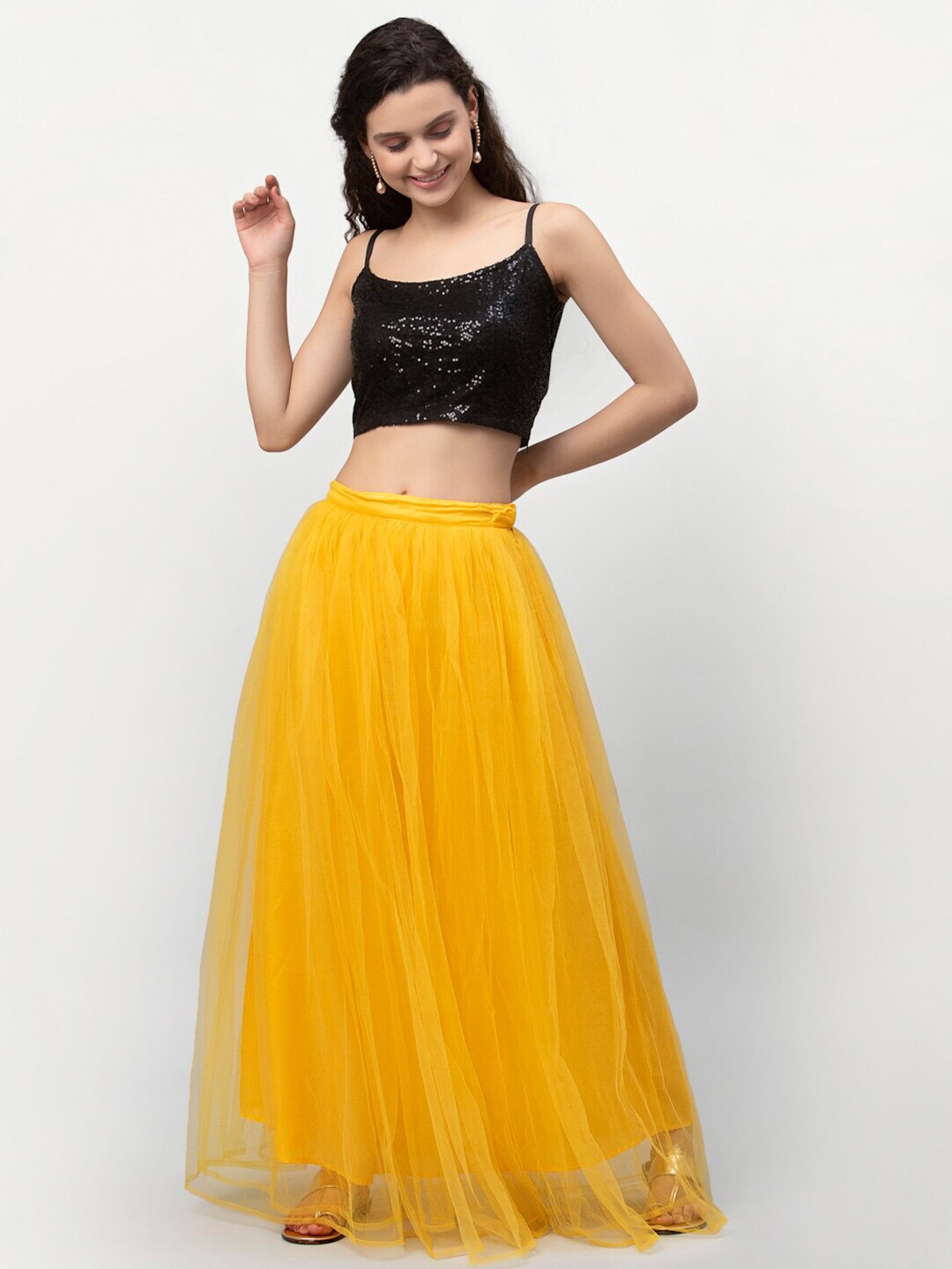 studio rasa Yellow & Black Embroidered Sequinned Ready to Wear Lehenga & Price in India