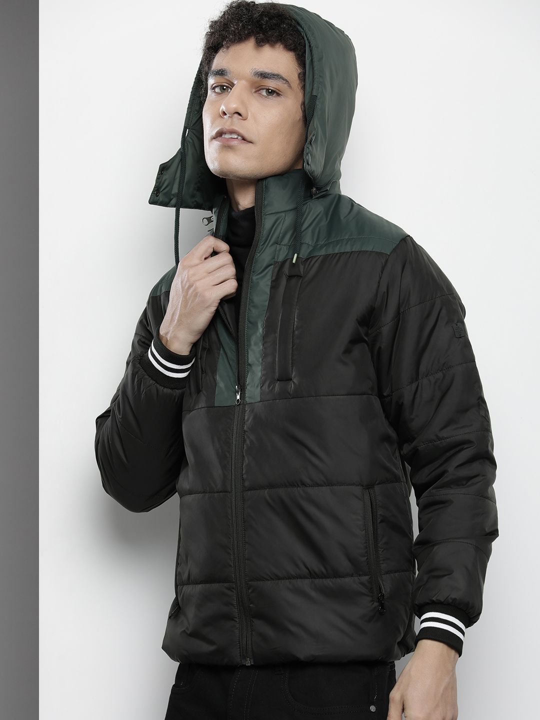 Buy The Indian Garage Co Men Colourblock Zip-Front Hooded Puffer