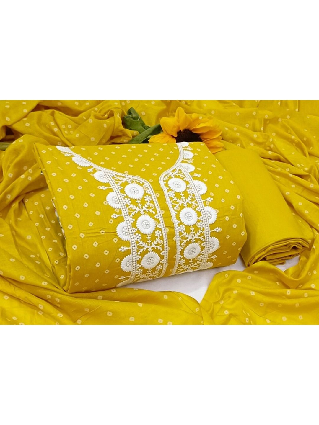 SALWAR STUDIO Yellow & White Embroidered Pure Cotton Unstitched Dress Material Price in India