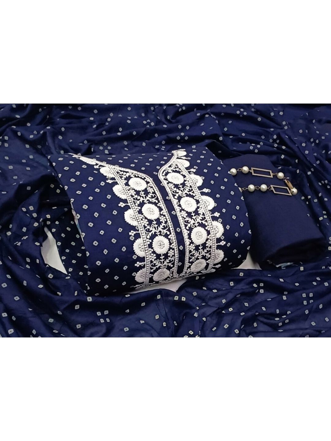 SALWAR STUDIO Navy Blue & White Printed Pure Cotton Unstitched Dress Material Price in India