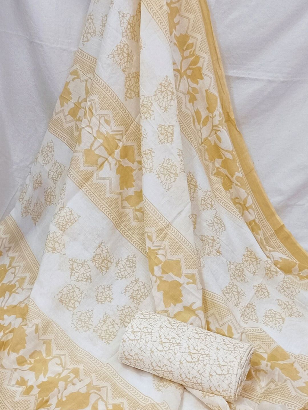 SALWAR STUDIO Beige & White Printed Pure Cotton Unstitched Dress Material Price in India