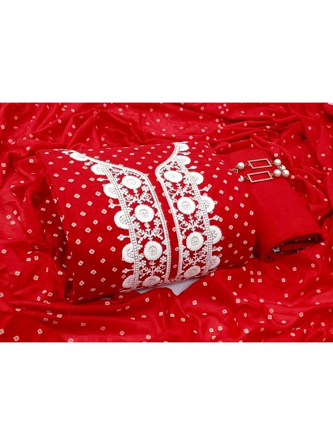 SALWAR STUDIO Red & White Printed Pure Cotton Unstitched Dress Material Price in India