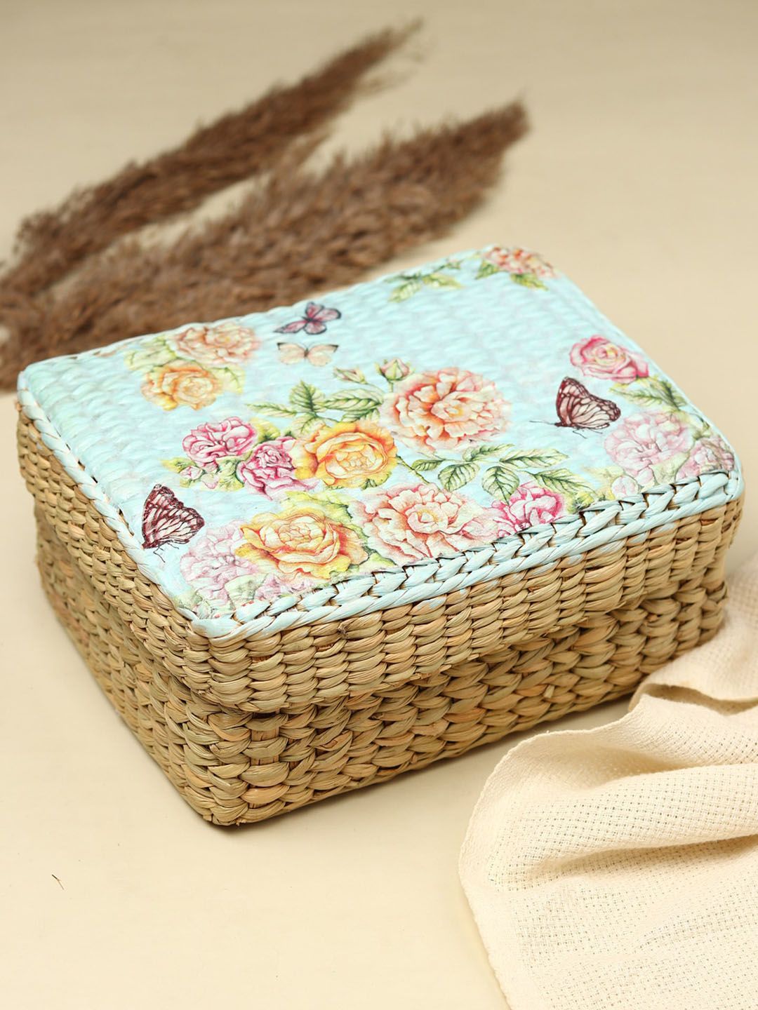 HABERE INDIA Beige & Green Printed Grass Storage Basket Price in India