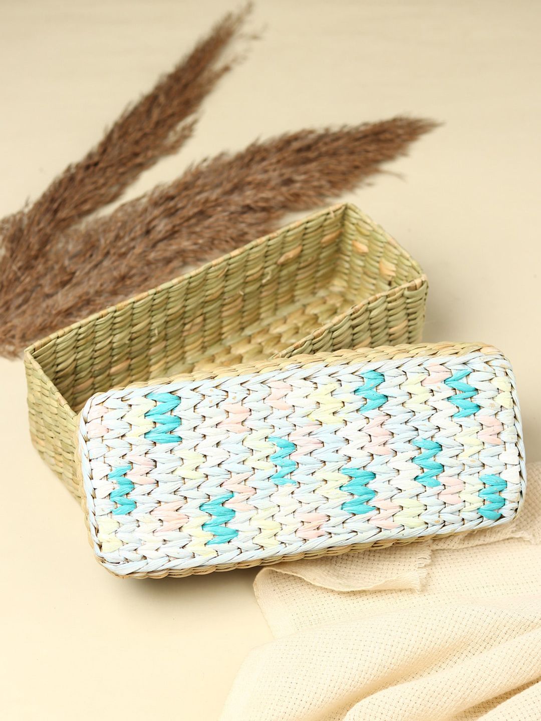 HABERE INDIA Blue & Beige Printed Grass Storage Basket Price in India