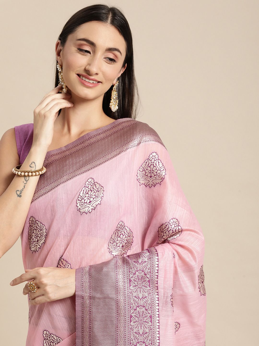 Mitera Rose Ethnic Motifs Silk Blend Banarasi Saree Price in India