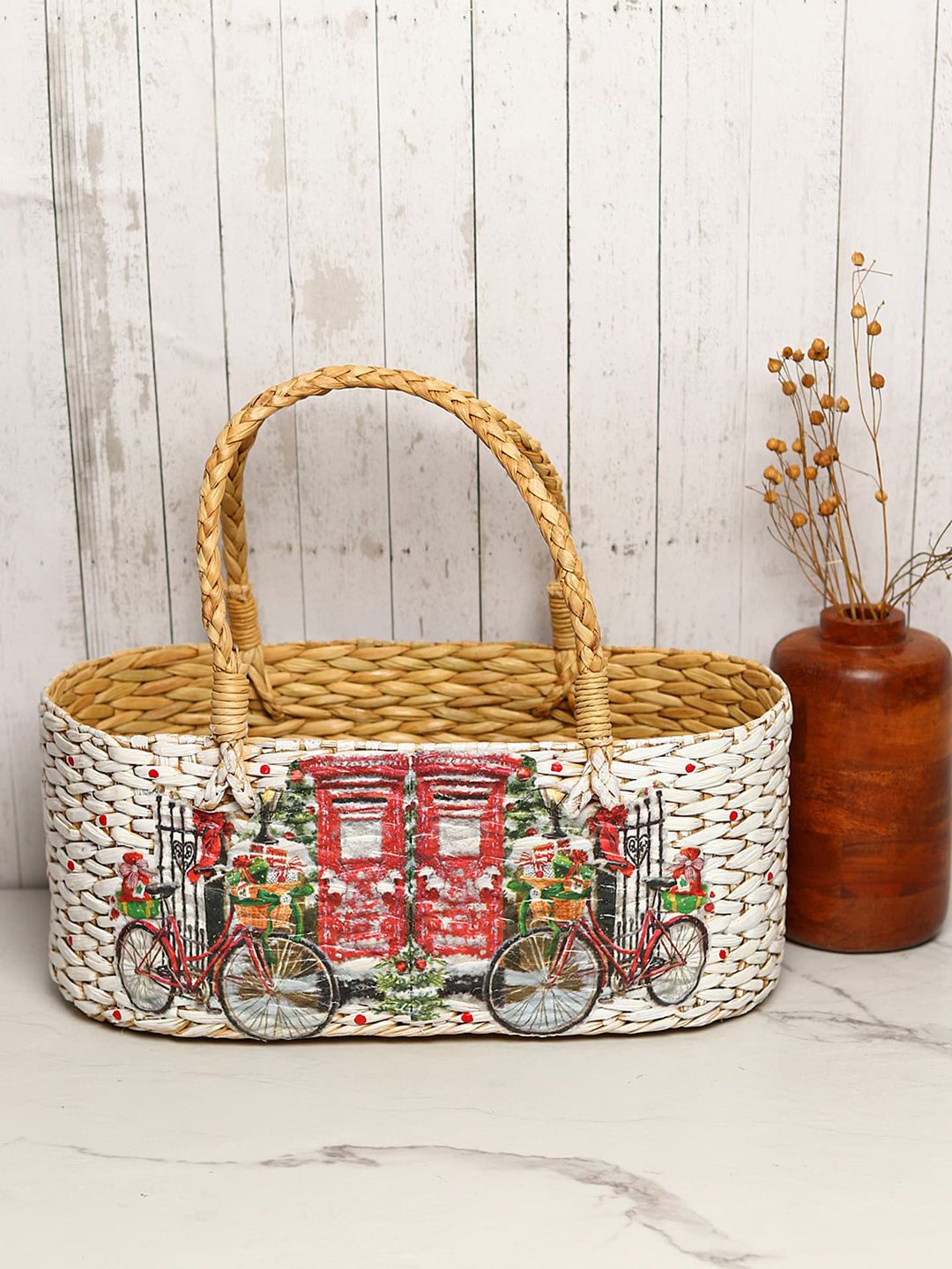 HABERE INDIA Beige Printed Handcrafted Grass Storage Basket Price in India