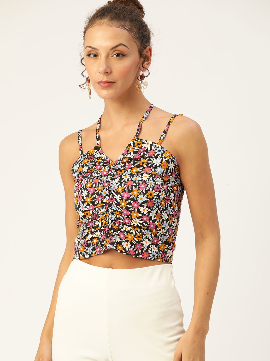 Antheaa Multicoloured Floral Print Ruched Crop Top Price in India